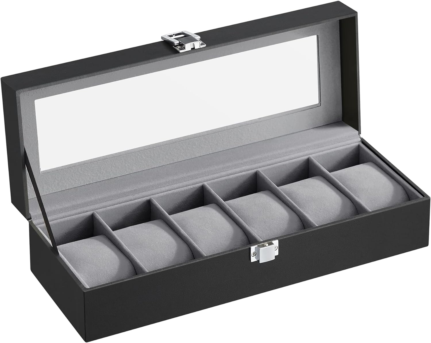 Review Samenvatting van SONGMICS horlogebox 6 horloges, horlogebox met glazen deksel, fluwelen horlogekussen, horlogekast met slot, 30 x 11,2 x 8 cm, PU-deksel in zwart, fluwelen voering in grijs JWB06BK